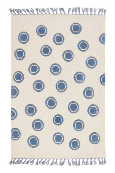 Schurwoll Teppich Happy Rugs RING natur/blau 120x180 cm + gratis Anti-Rutschunterlage