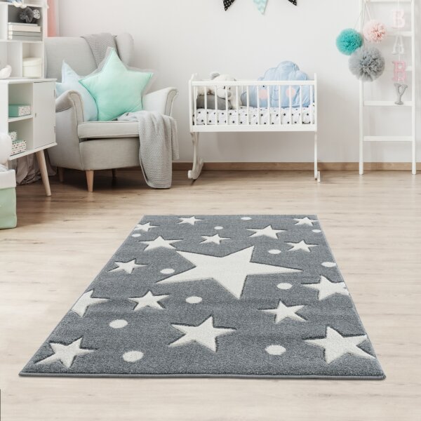 LIVONE Modern Play Rug with Contour Cut for Childrens Bedroom with Stars in White Silver Grey Mint 120 x 170 cm mint 